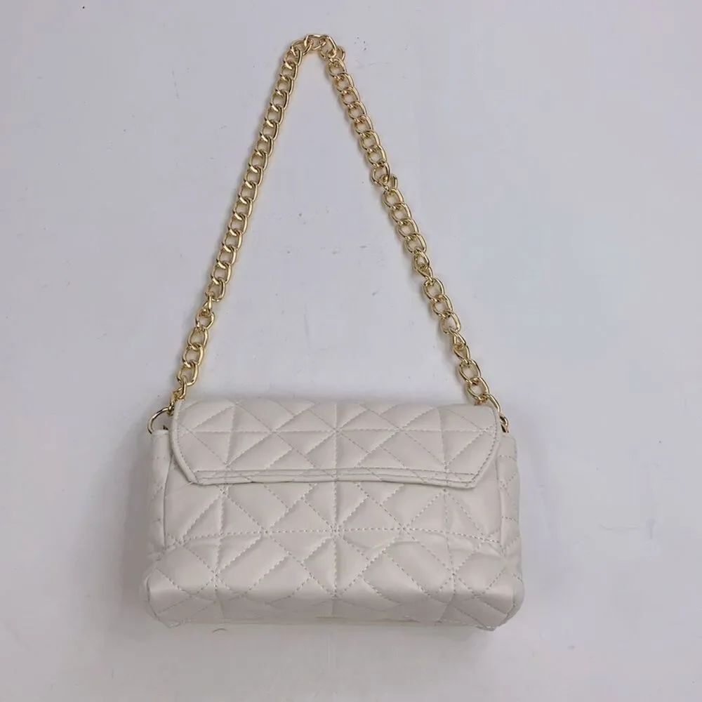 Quilted Creme Chain Strap Handbag purse clutch Lined Zip pocket Snap close New